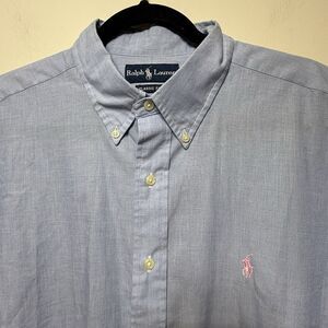Ralph Lauren Mens Short Sleeve Button Up Shirt XL XL Pale Blue Pink Logo Horse